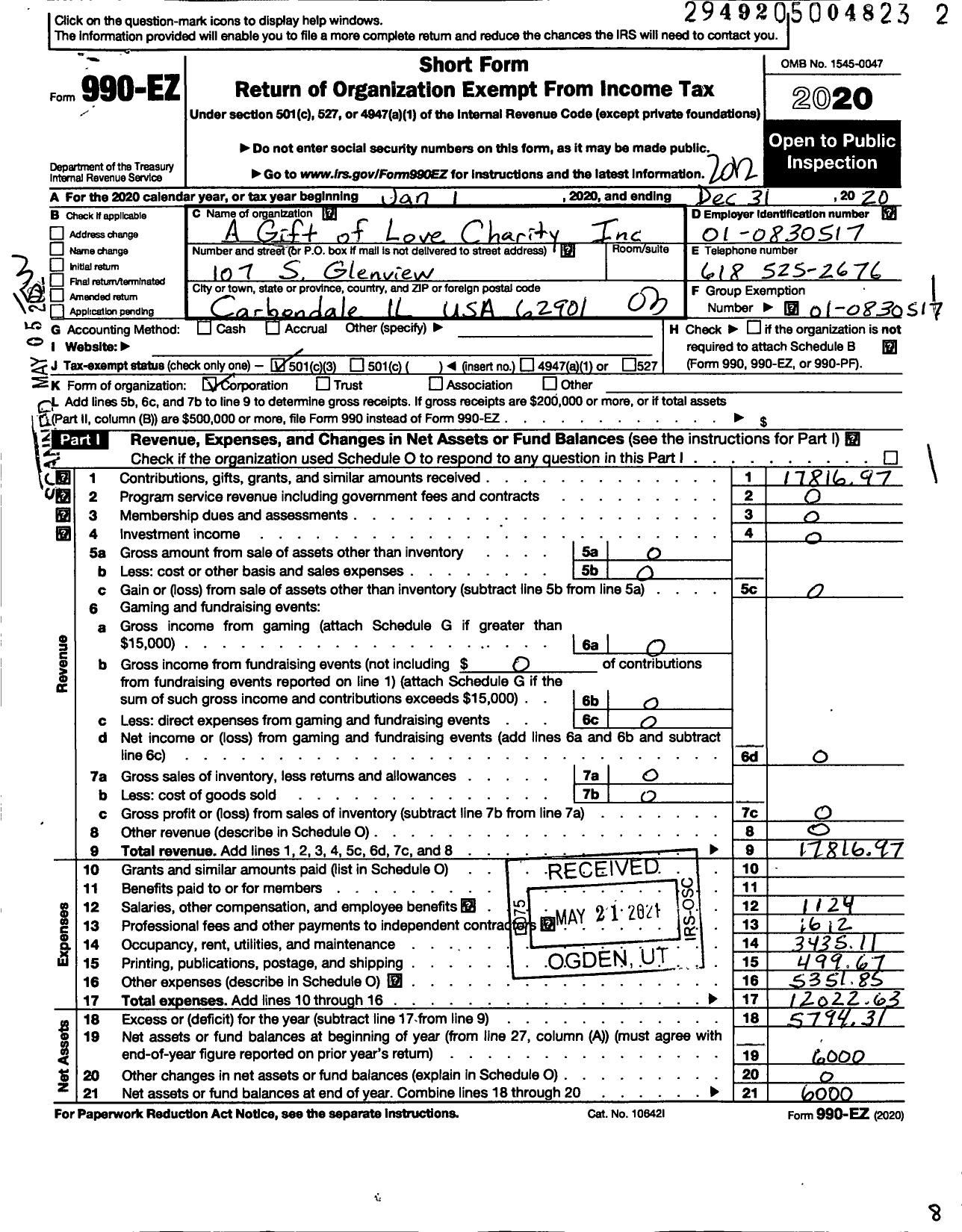 Image of first page of 2020 Form 990EZ for A Gift of Love Charity