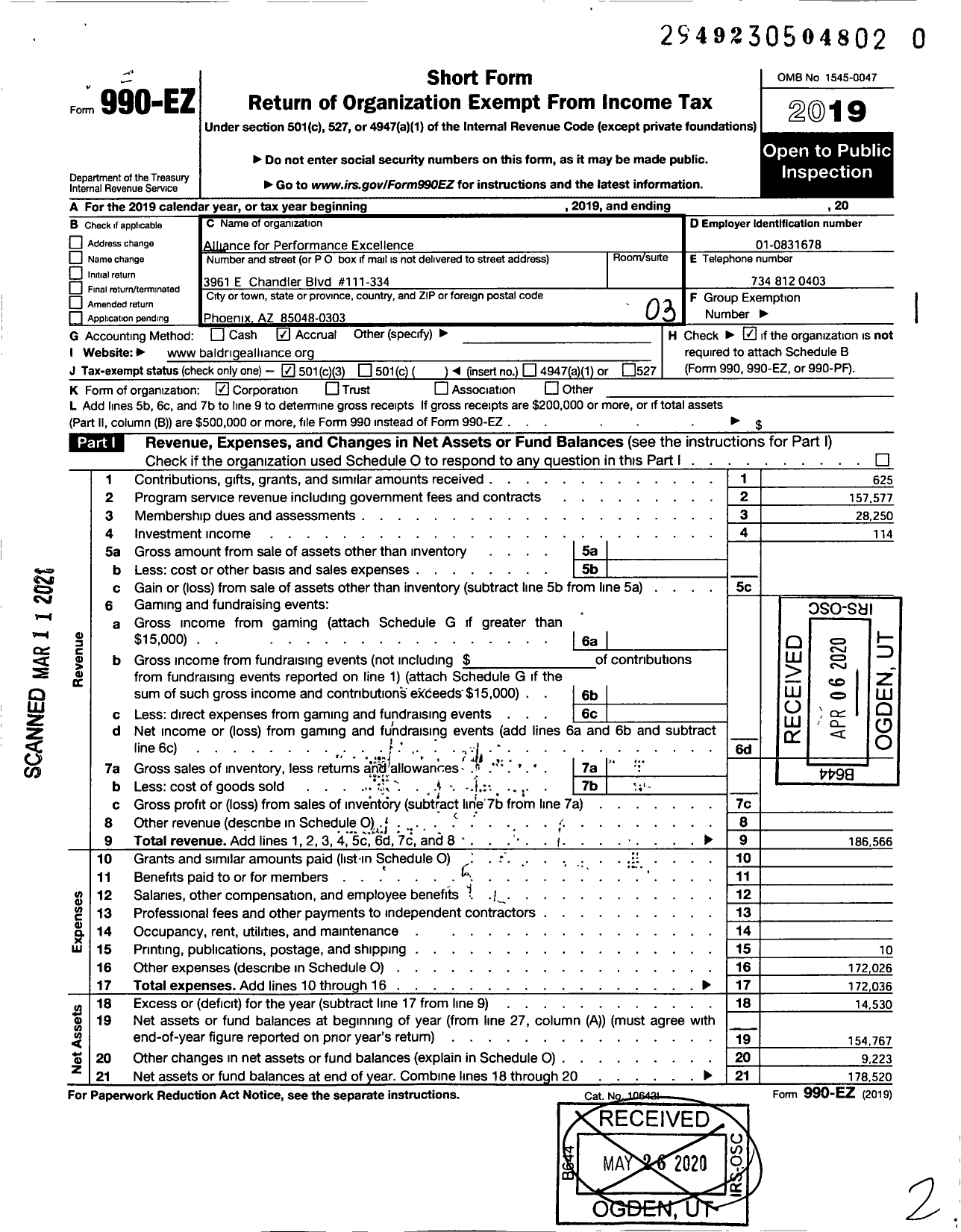 Image of first page of 2019 Form 990EZ for The Alliance for Performance Excellence