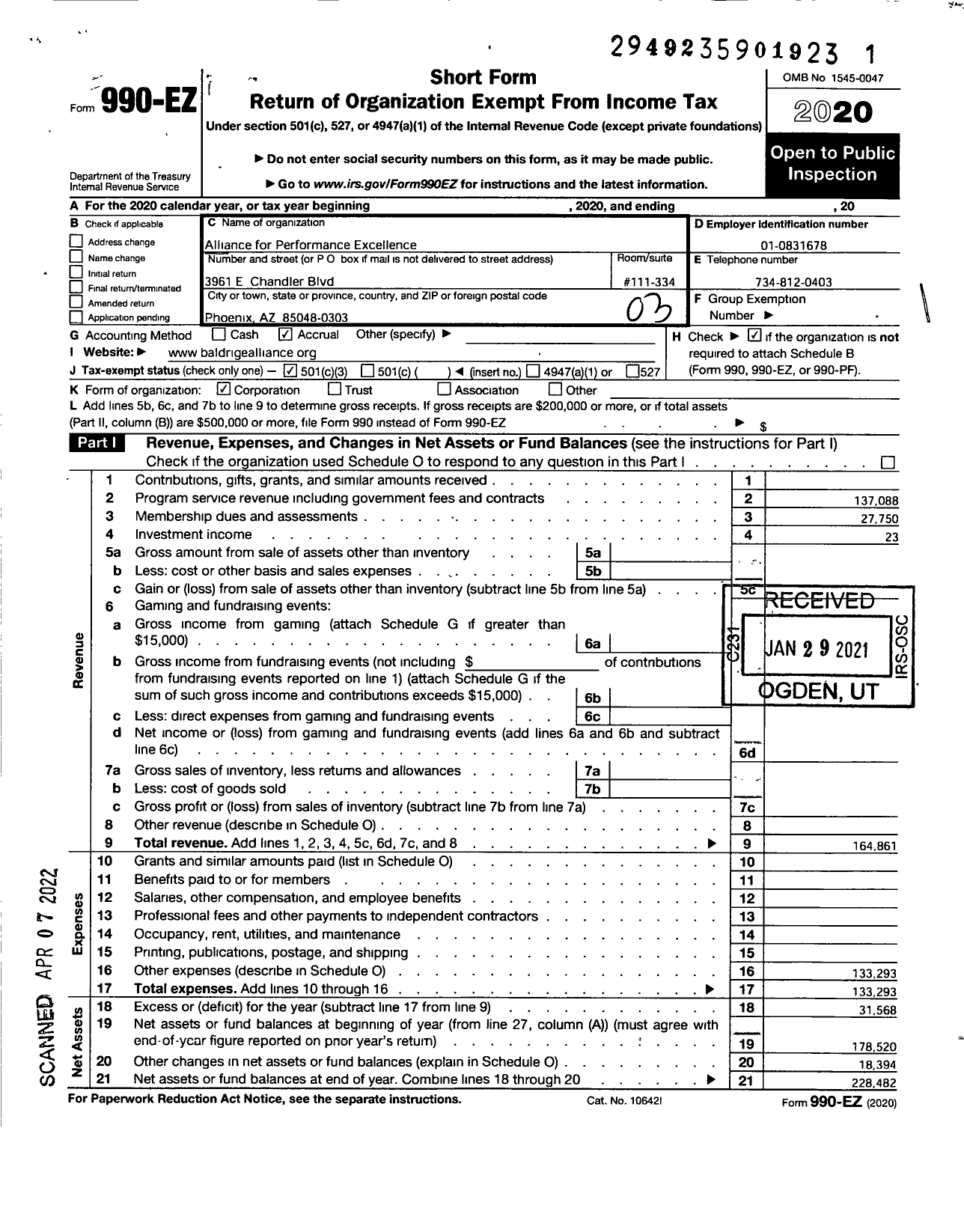 Image of first page of 2020 Form 990EZ for The Alliance for Performance Excellence