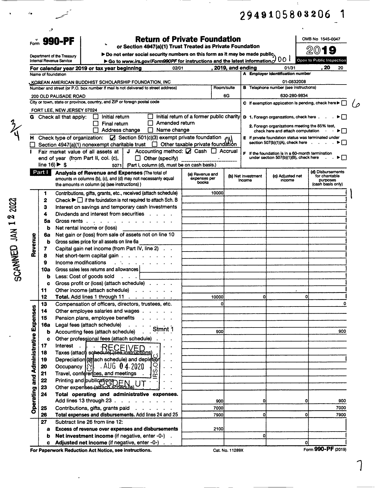 Image of first page of 2019 Form 990PF for Korean American Buddhist Scholarship Foundation