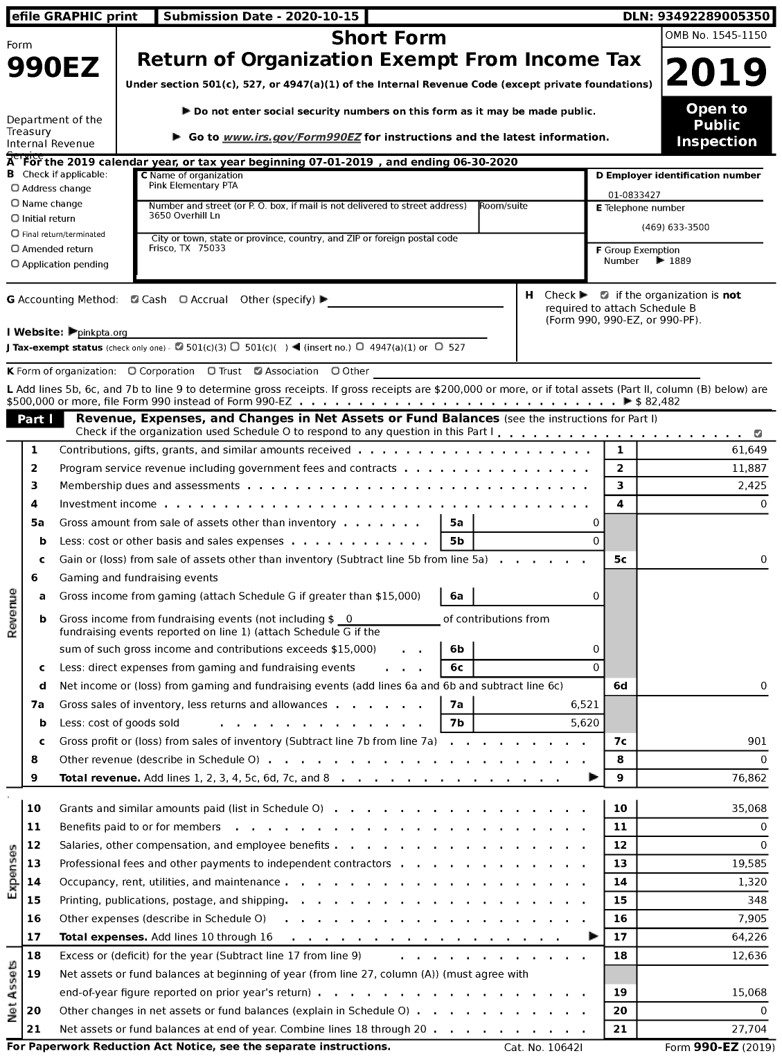 Image of first page of 2019 Form 990EZ for Texas PTA - PTA Pink Elementary