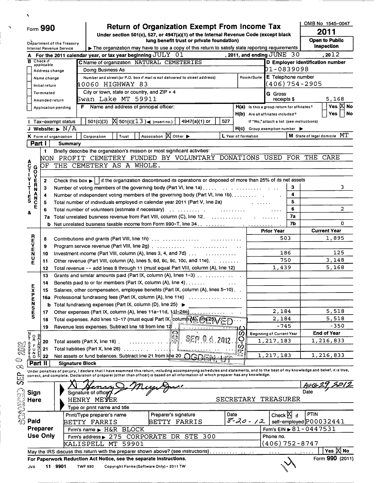 Image of first page of 2011 Form 990O for Natural Cemeteries