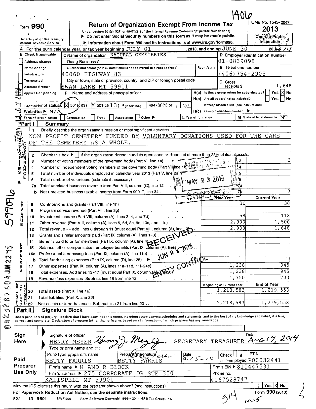 Image of first page of 2013 Form 990O for Natural Cemeteries