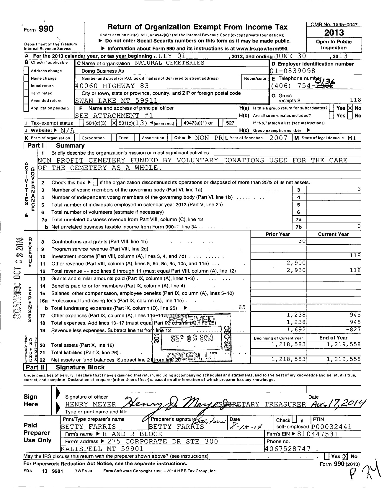 Image of first page of 2012 Form 990O for Natural Cemeteries