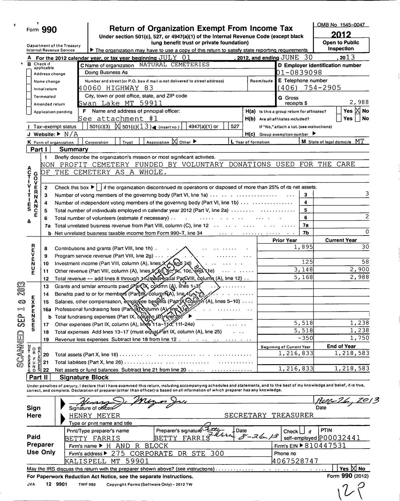 Image of first page of 2012 Form 990O for Natural Cemeteries