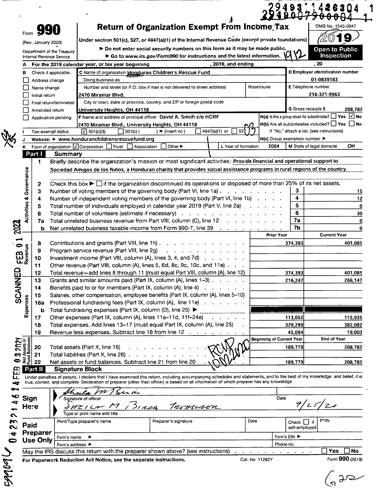 Image of first page of 2019 Form 990 for Honduran Childrens Rescue Fund