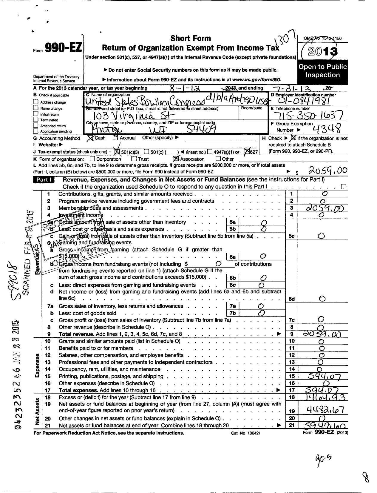 Image of first page of 2012 Form 990EZ for United States Bowling Congress - 80245 Antigo Usbc