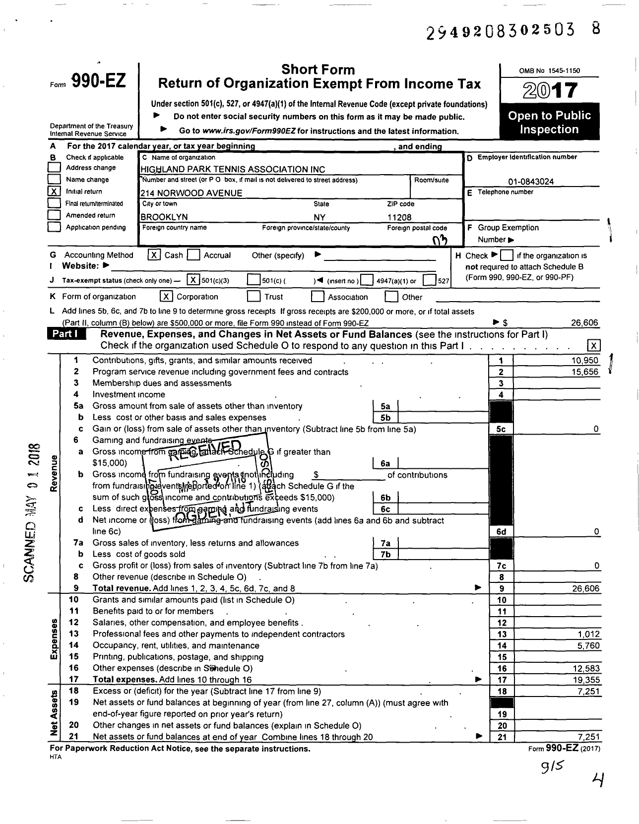 Image of first page of 2017 Form 990EZ for Highland Park Tennis Association