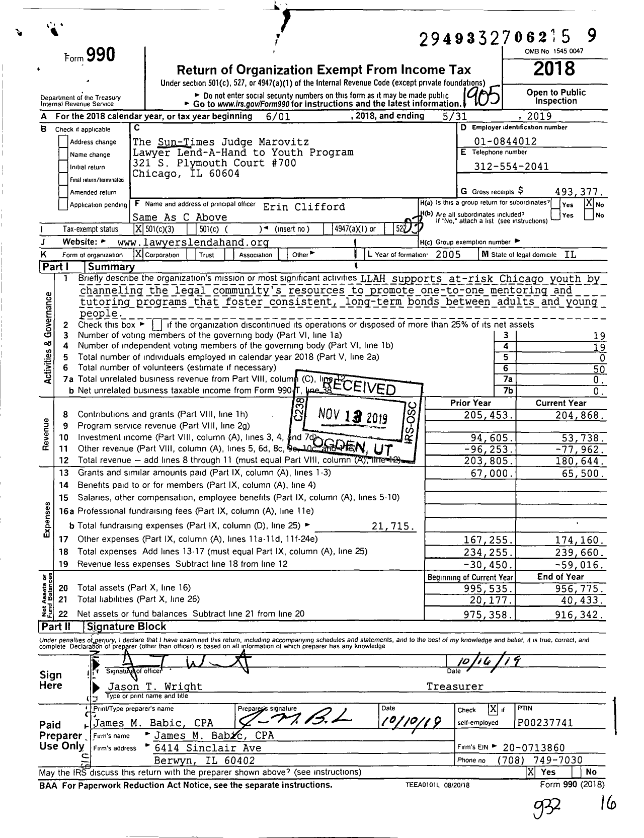 Image of first page of 2018 Form 990 for Lawyers Lend-A-Hand to Youth