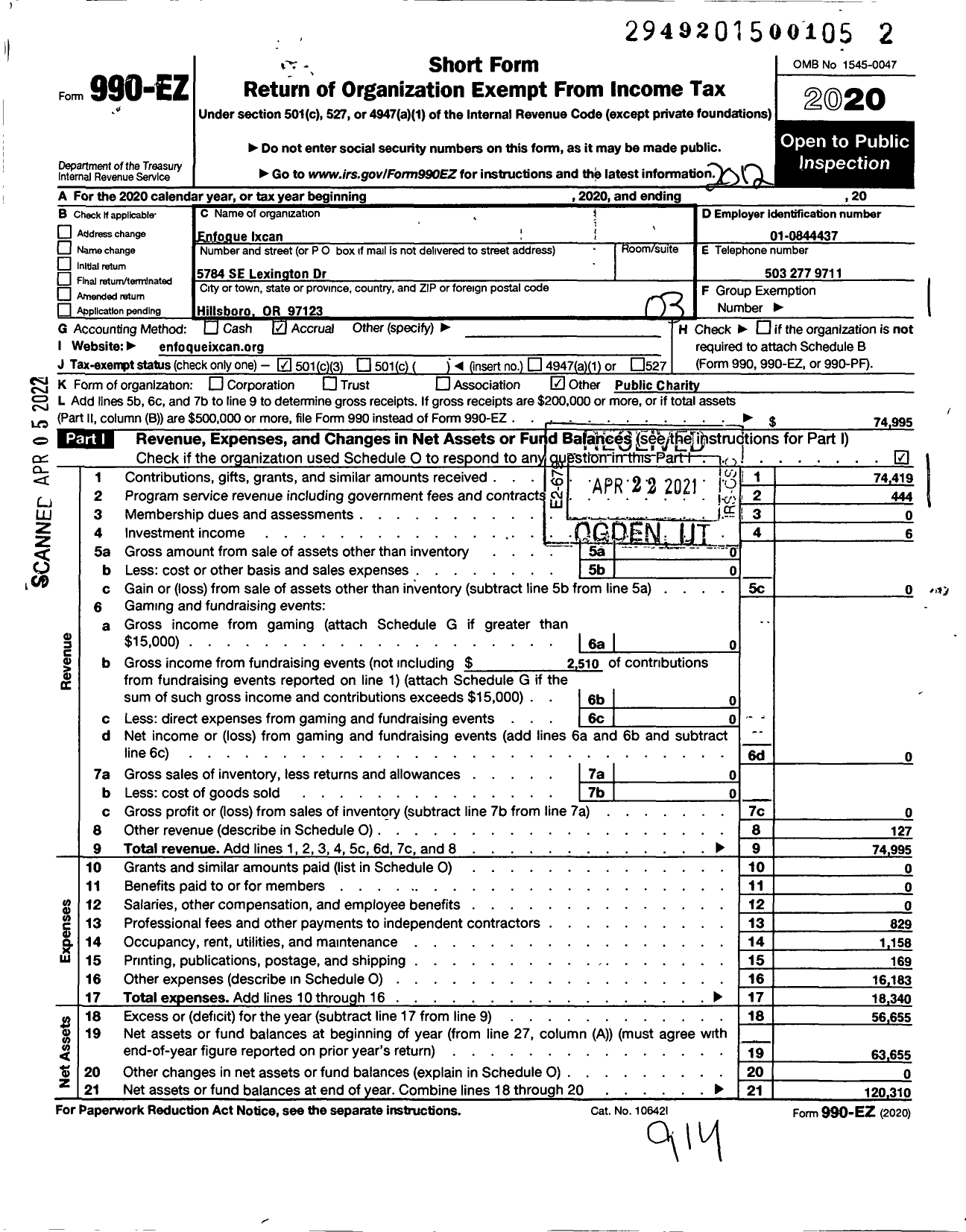 Image of first page of 2020 Form 990EZ for Enfoque Ixcan