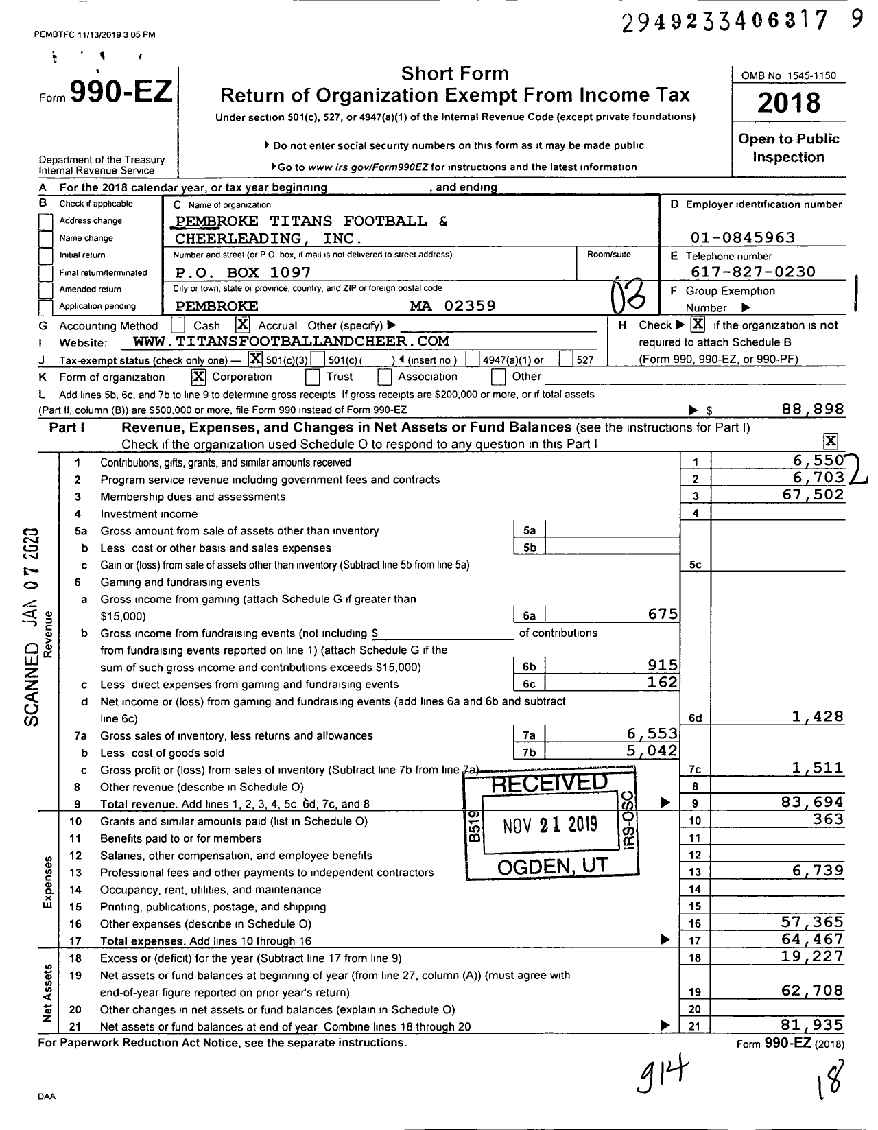 Image of first page of 2018 Form 990EZ for Pembroke Titans Football and Cheerleading