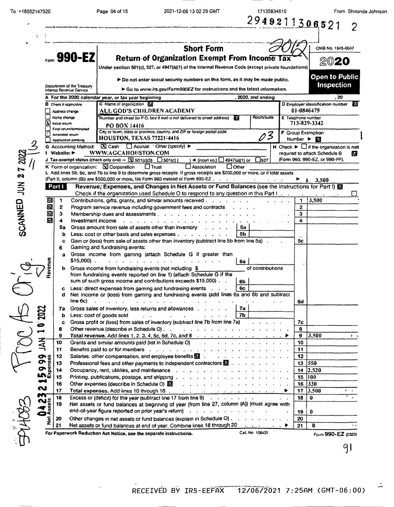 Image of first page of 2020 Form 990EZ for Social Service and Consumer Advocacy Center