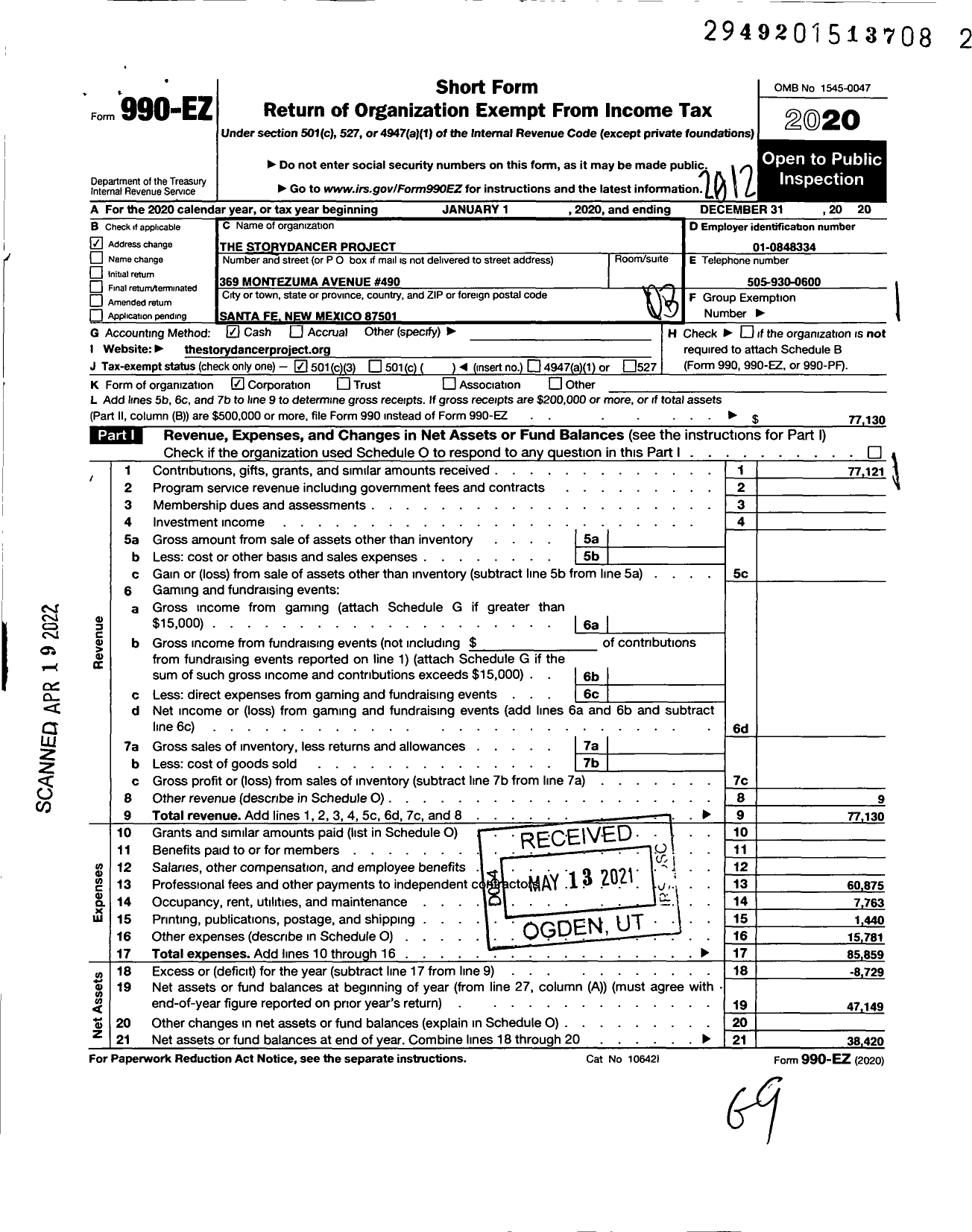 Image of first page of 2020 Form 990EZ for The Storydancer Project