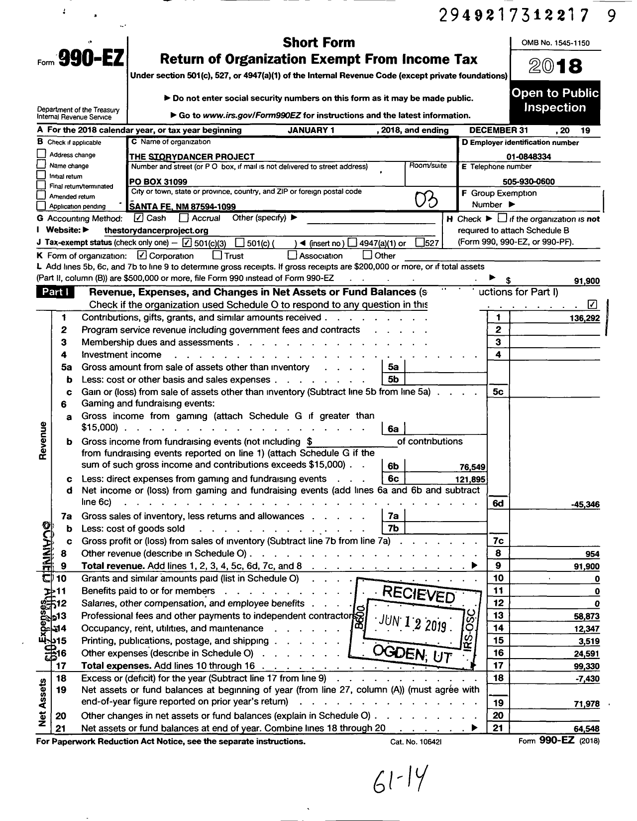 Image of first page of 2019 Form 990EZ for The Storydancer Project