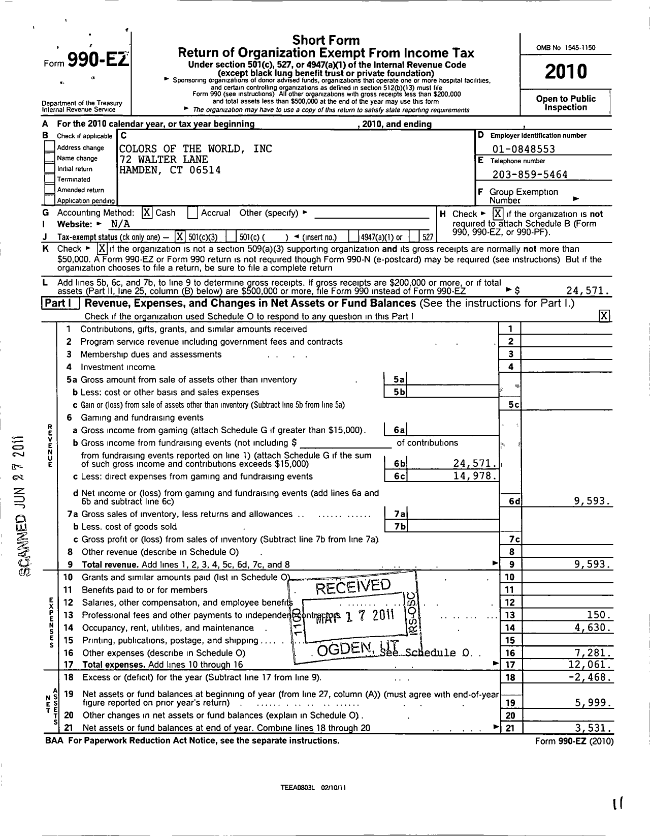 Image of first page of 2010 Form 990EZ for Colors of the World