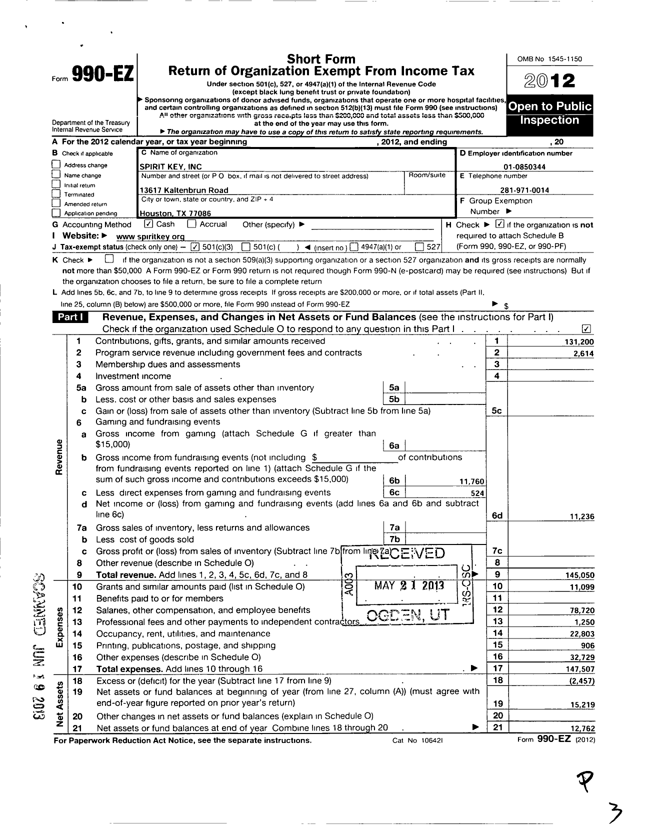 Image of first page of 2012 Form 990EZ for Spirit Key (SKY)