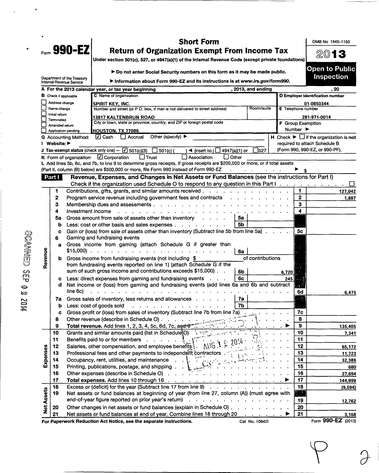 Image of first page of 2013 Form 990EZ for Spirit Key (SKY)