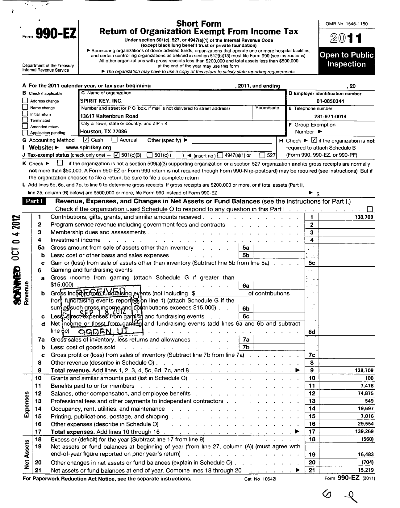 Image of first page of 2011 Form 990EZ for Spirit Key (SKY)