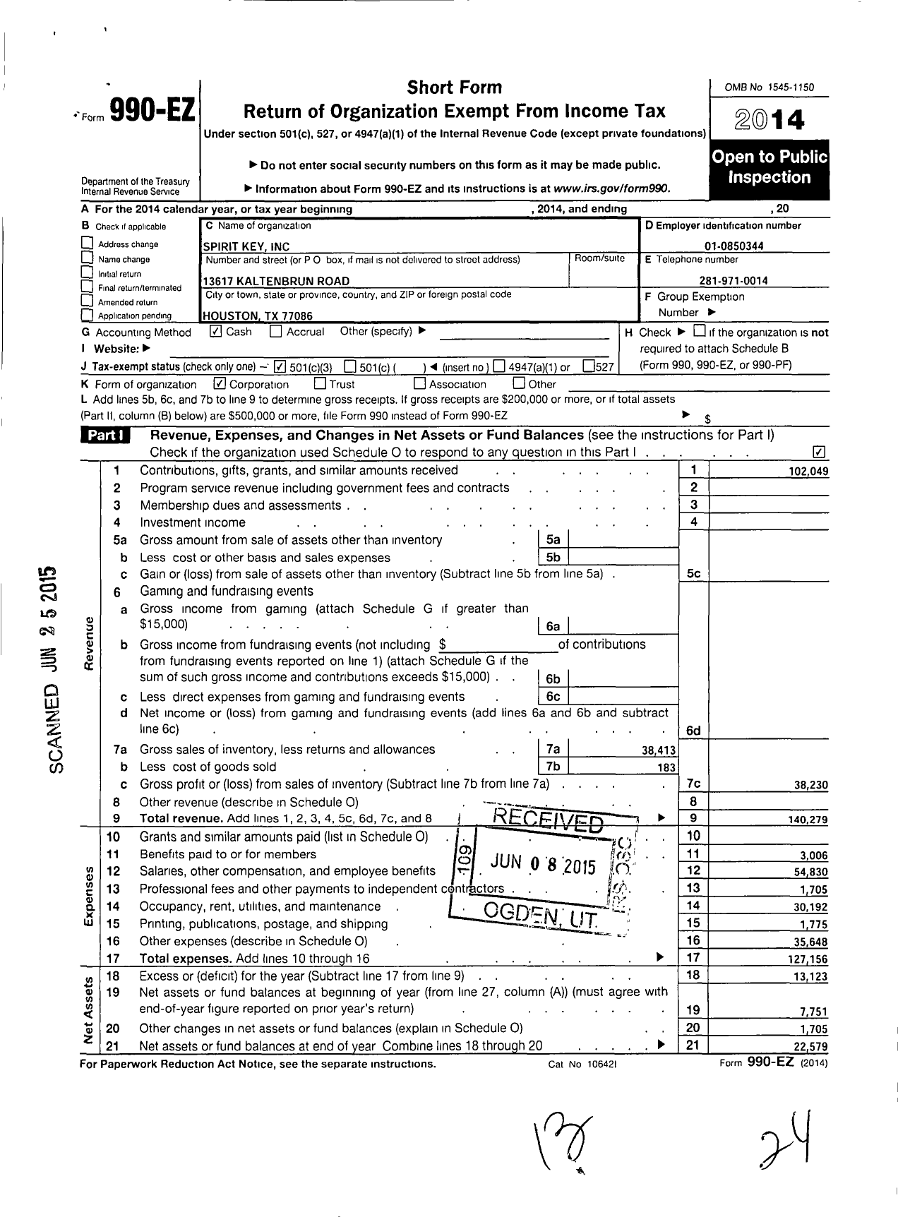 Image of first page of 2014 Form 990EZ for Spirit Key (SKY)