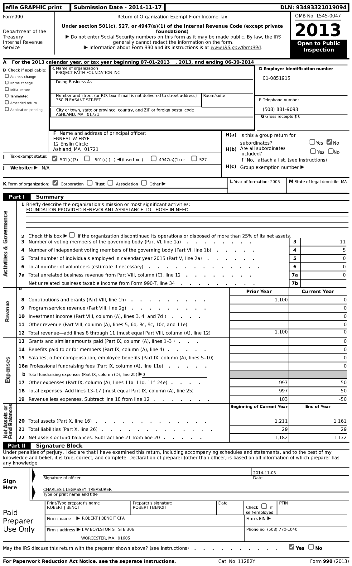 Image of first page of 2013 Form 990 for Project Faith Foundation