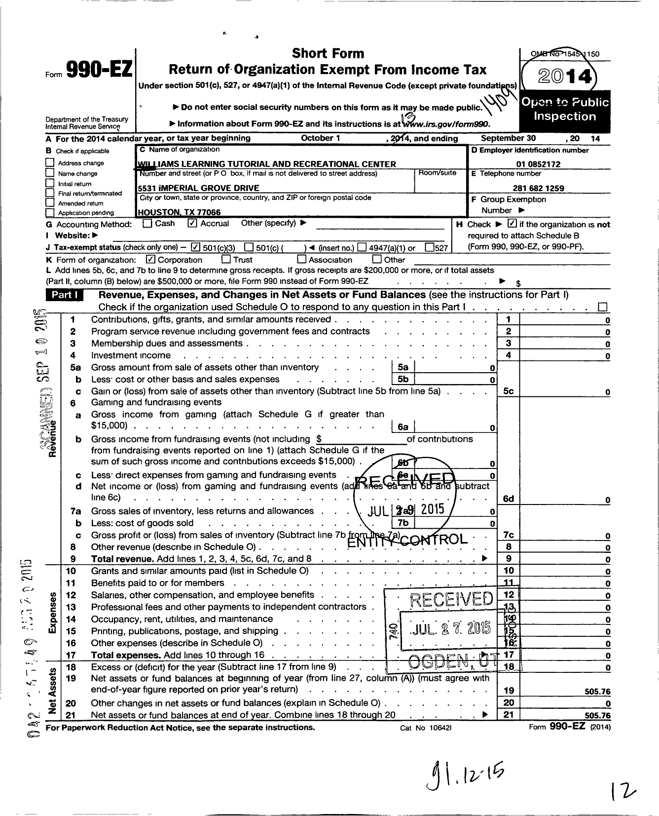 Image of first page of 2013 Form 990EZ for Williams Learning Tutorial and Recreational Center