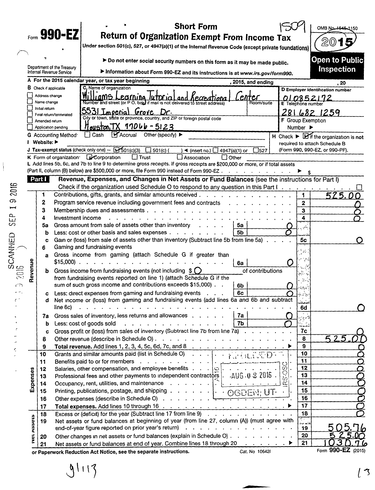 Image of first page of 2014 Form 990EZ for Williams Learning Tutorial and Recreational Center