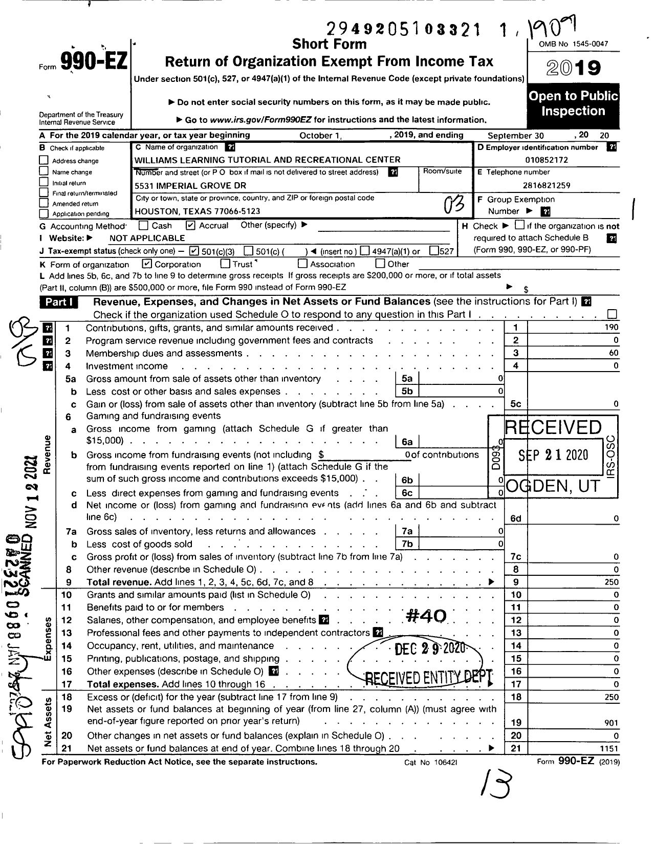 Image of first page of 2018 Form 990EZ for Williams Learning Tutorial and Recreational Center