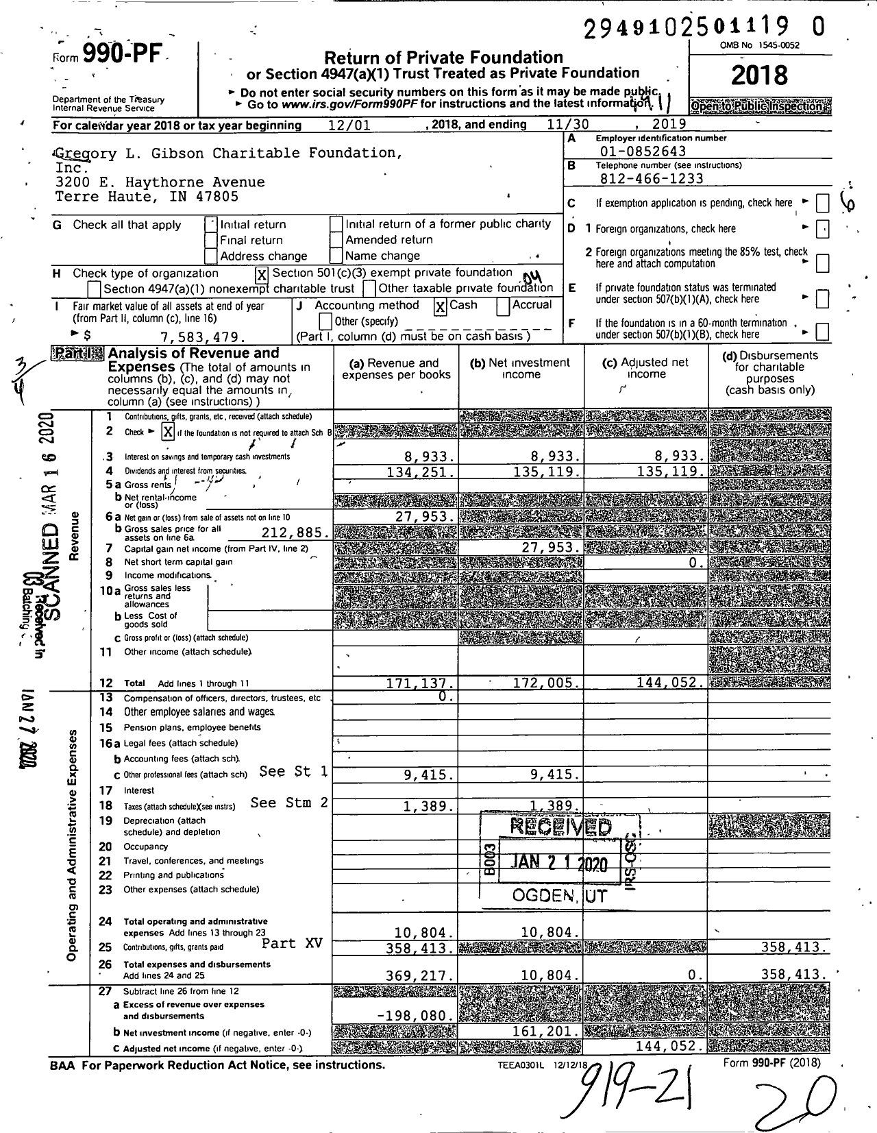 Image of first page of 2018 Form 990PR for Gregory L Gibson Charitable Foundation