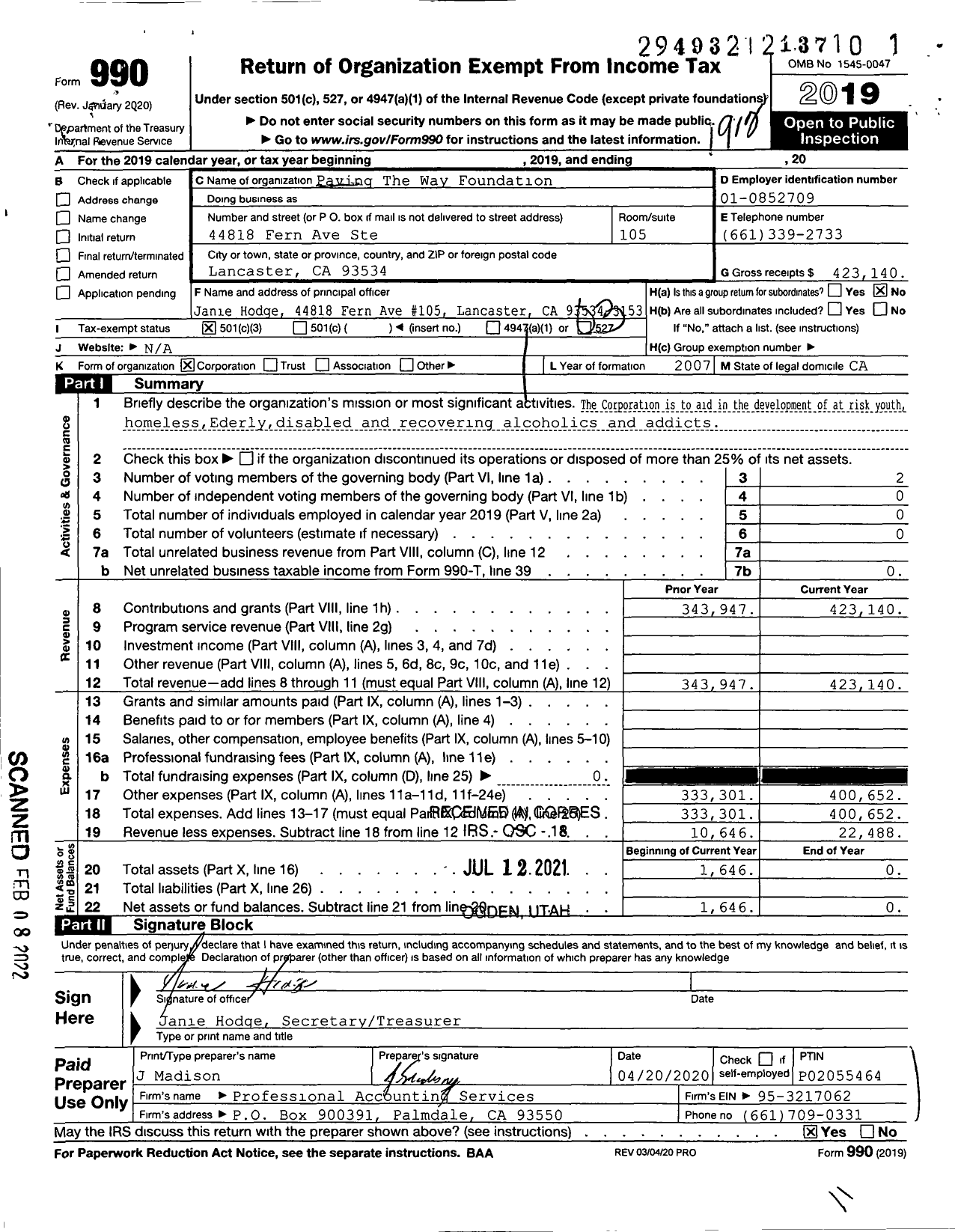 Image of first page of 2019 Form 990 for Paving the Way Foundation