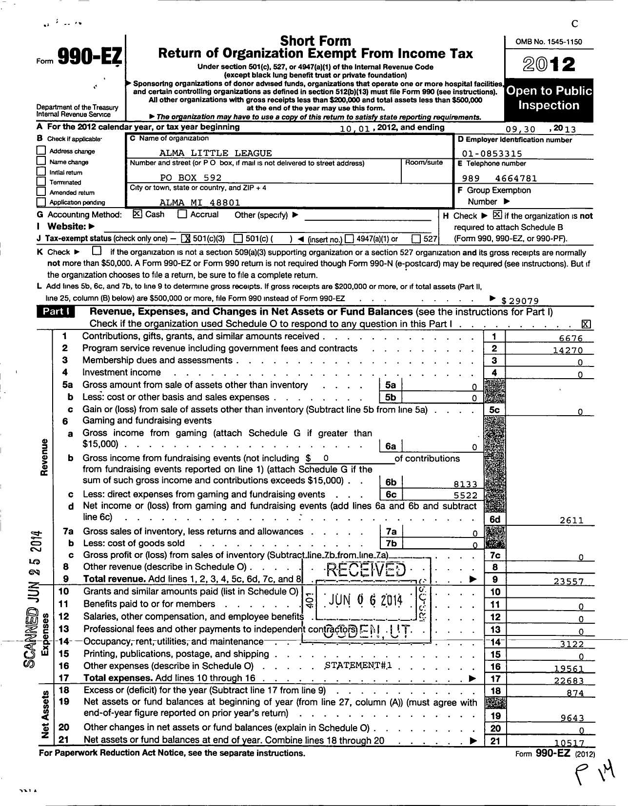 Image of first page of 2012 Form 990EZ for Little League Baseball - 1220125 Alma LL