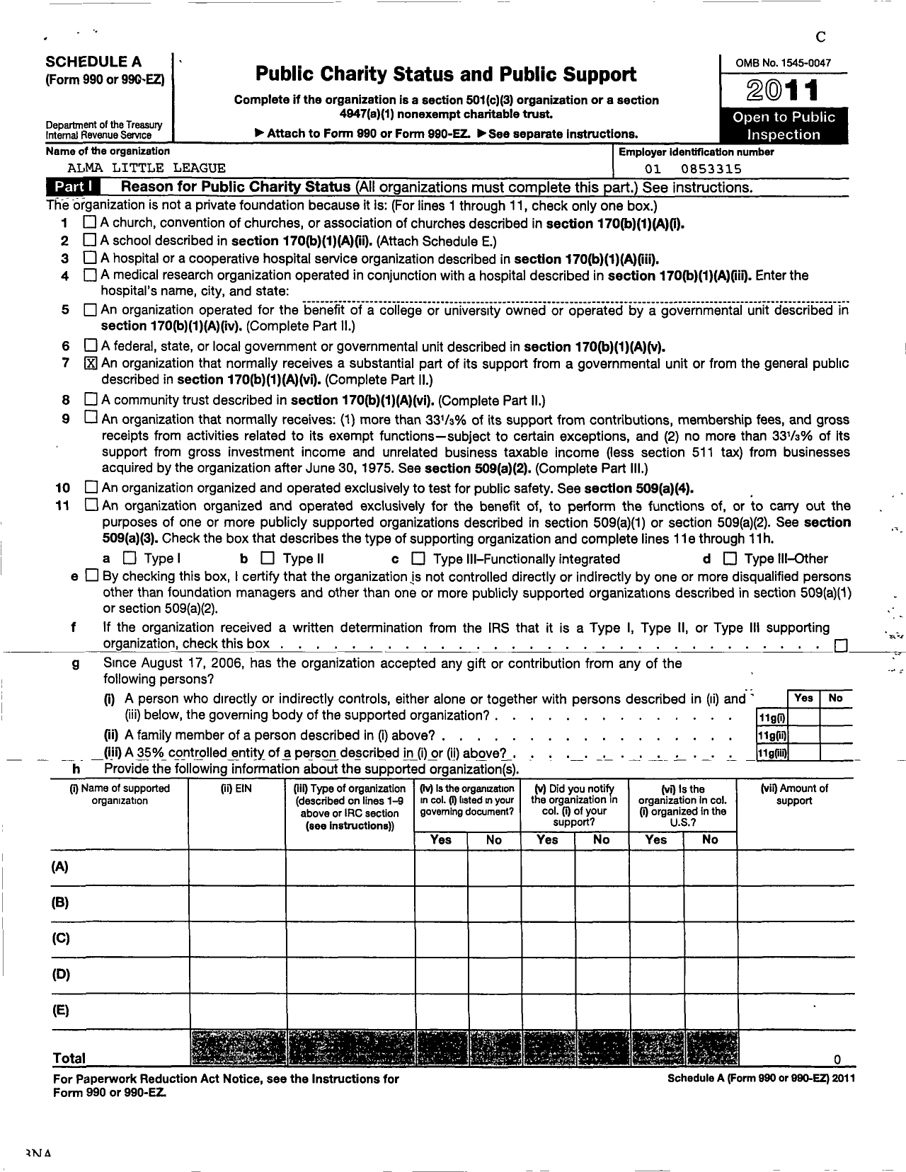 Image of first page of 2011 Form 990EZ for Little League Baseball - 1220125 Alma LL