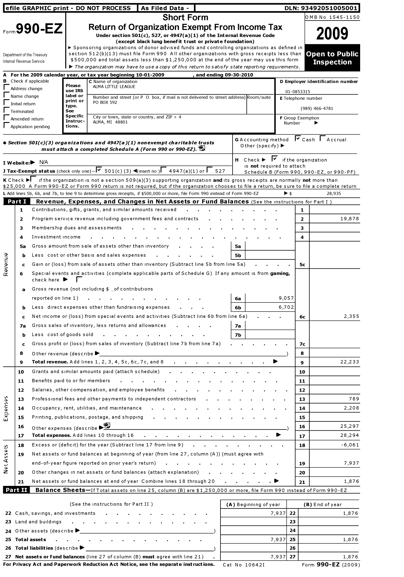 Image of first page of 2009 Form 990EZ for Little League Baseball - 1220125 Alma LL