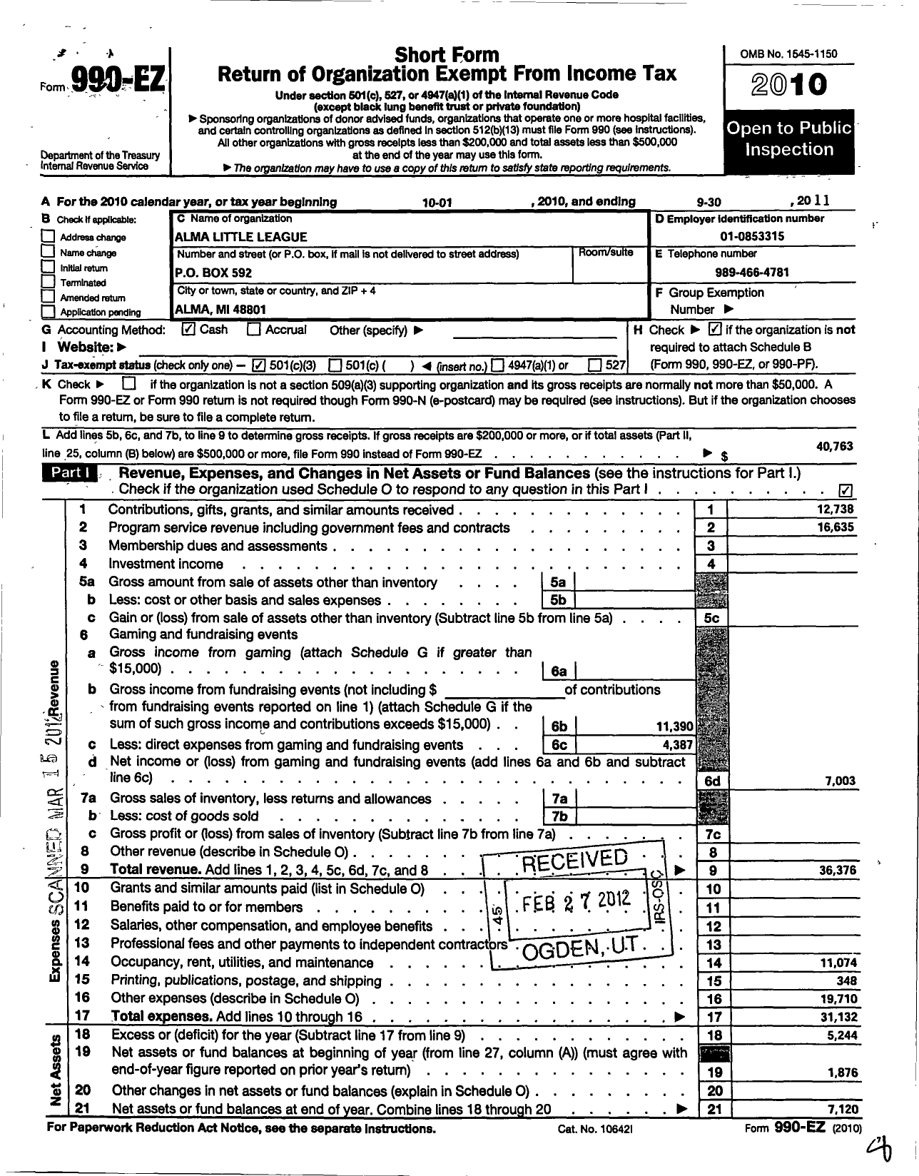 Image of first page of 2010 Form 990EZ for Little League Baseball - 1220125 Alma LL