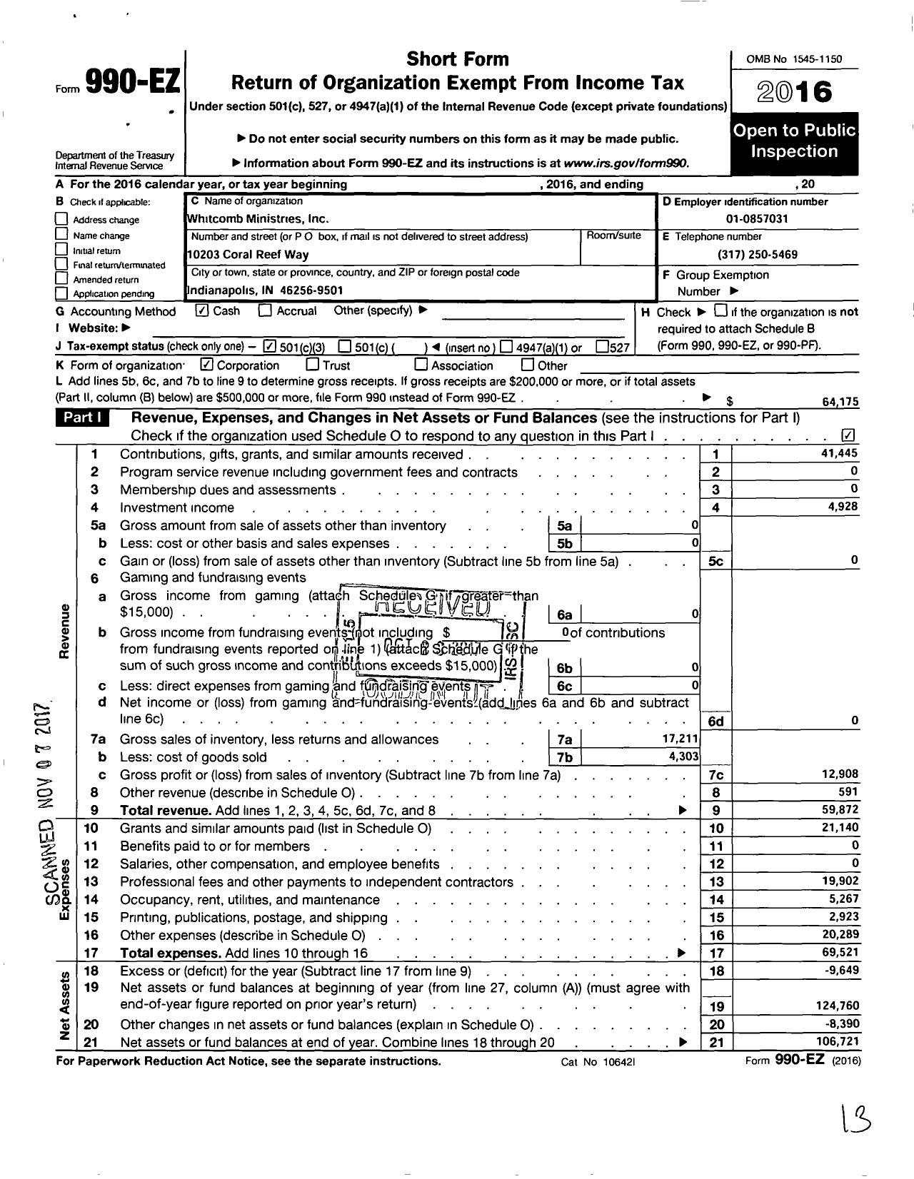 Image of first page of 2016 Form 990EZ for Whitcomb Ministries