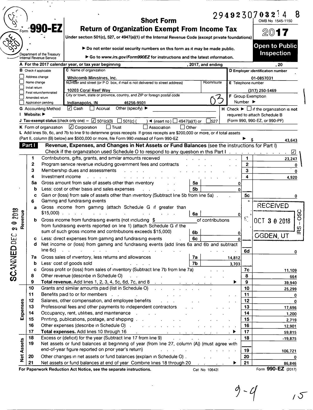 Image of first page of 2017 Form 990EZ for Whitcomb Ministries