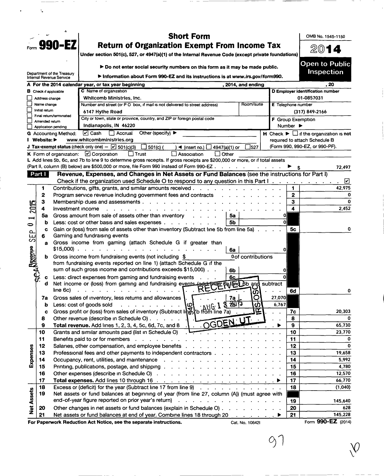 Image of first page of 2014 Form 990EZ for Whitcomb Ministries