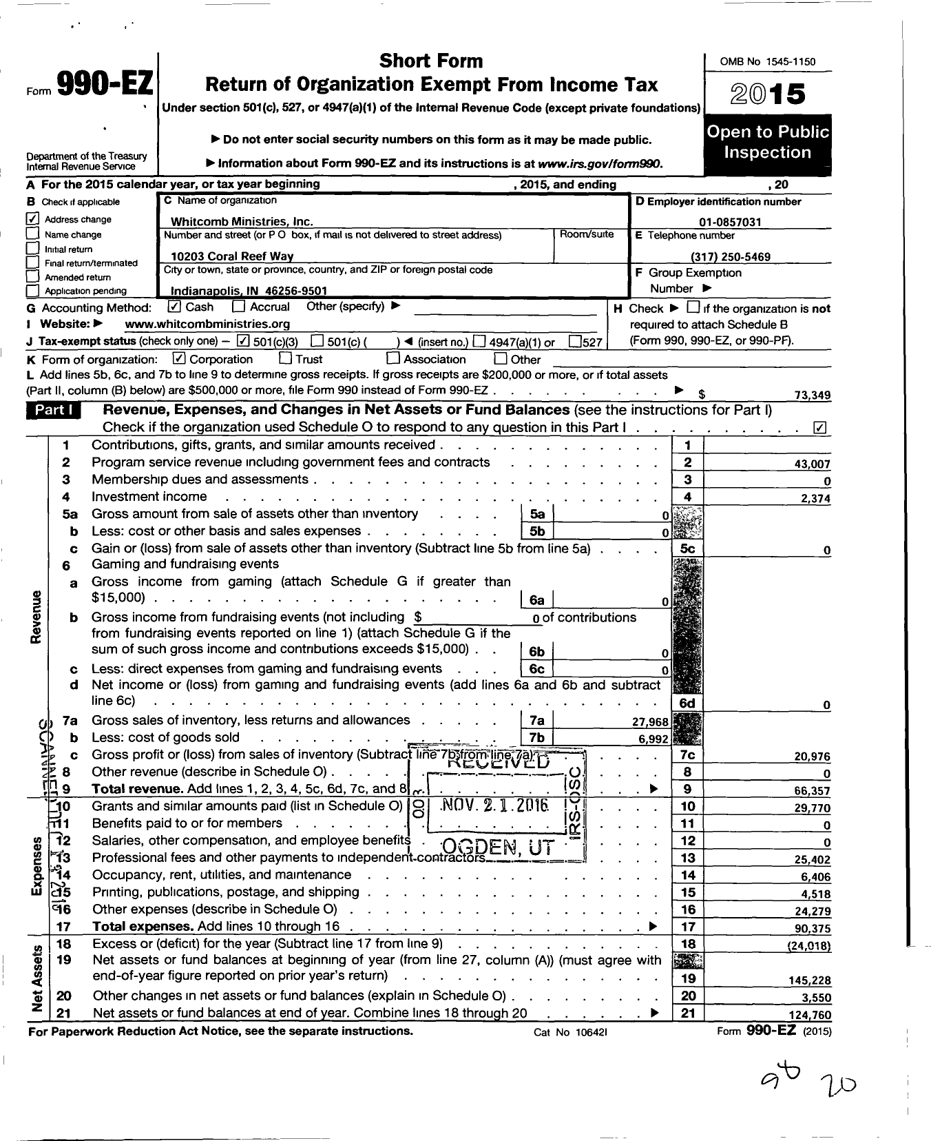 Image of first page of 2015 Form 990EZ for Whitcomb Ministries