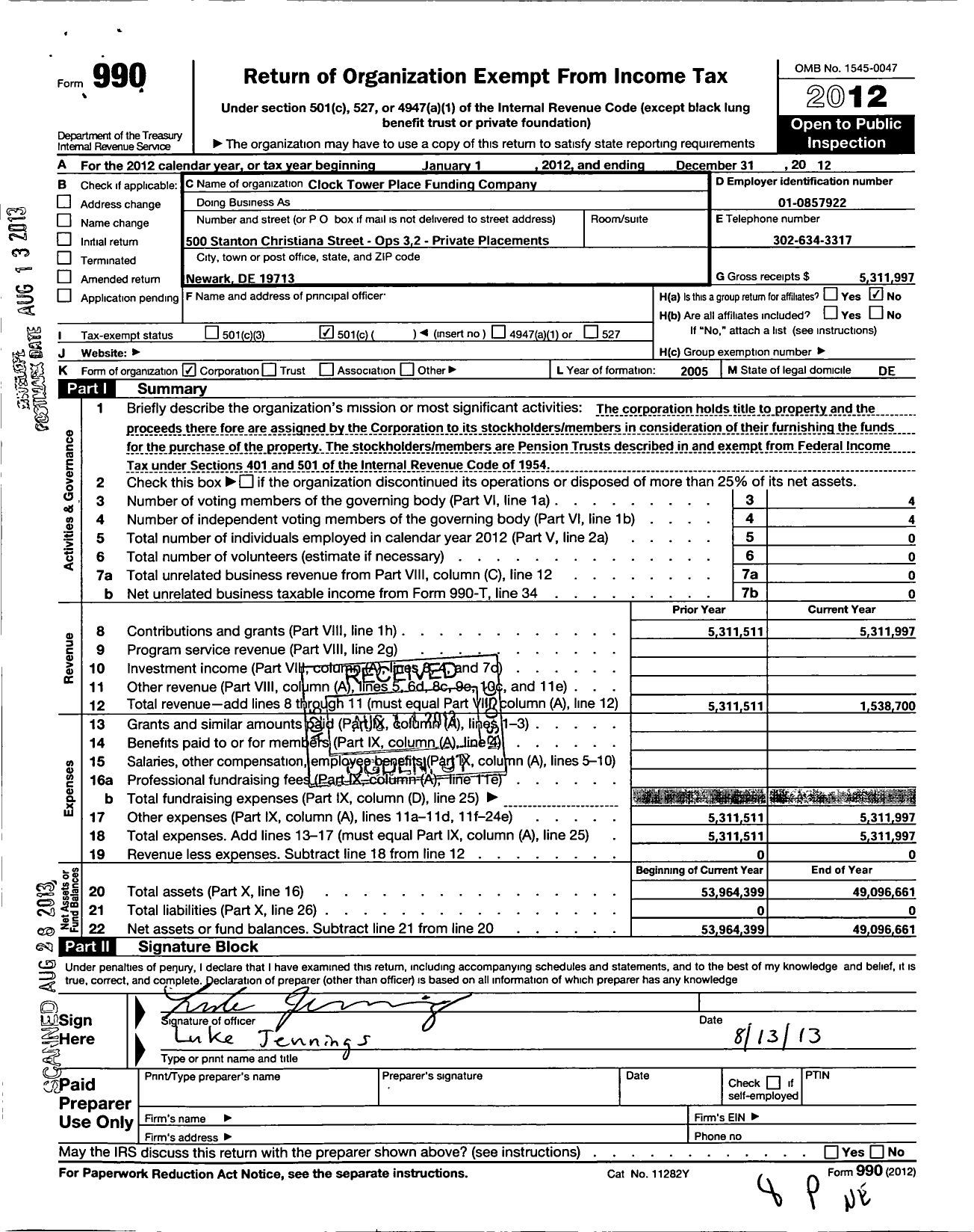 Image of first page of 2012 Form 990O for Clock Tower Place Funding Company