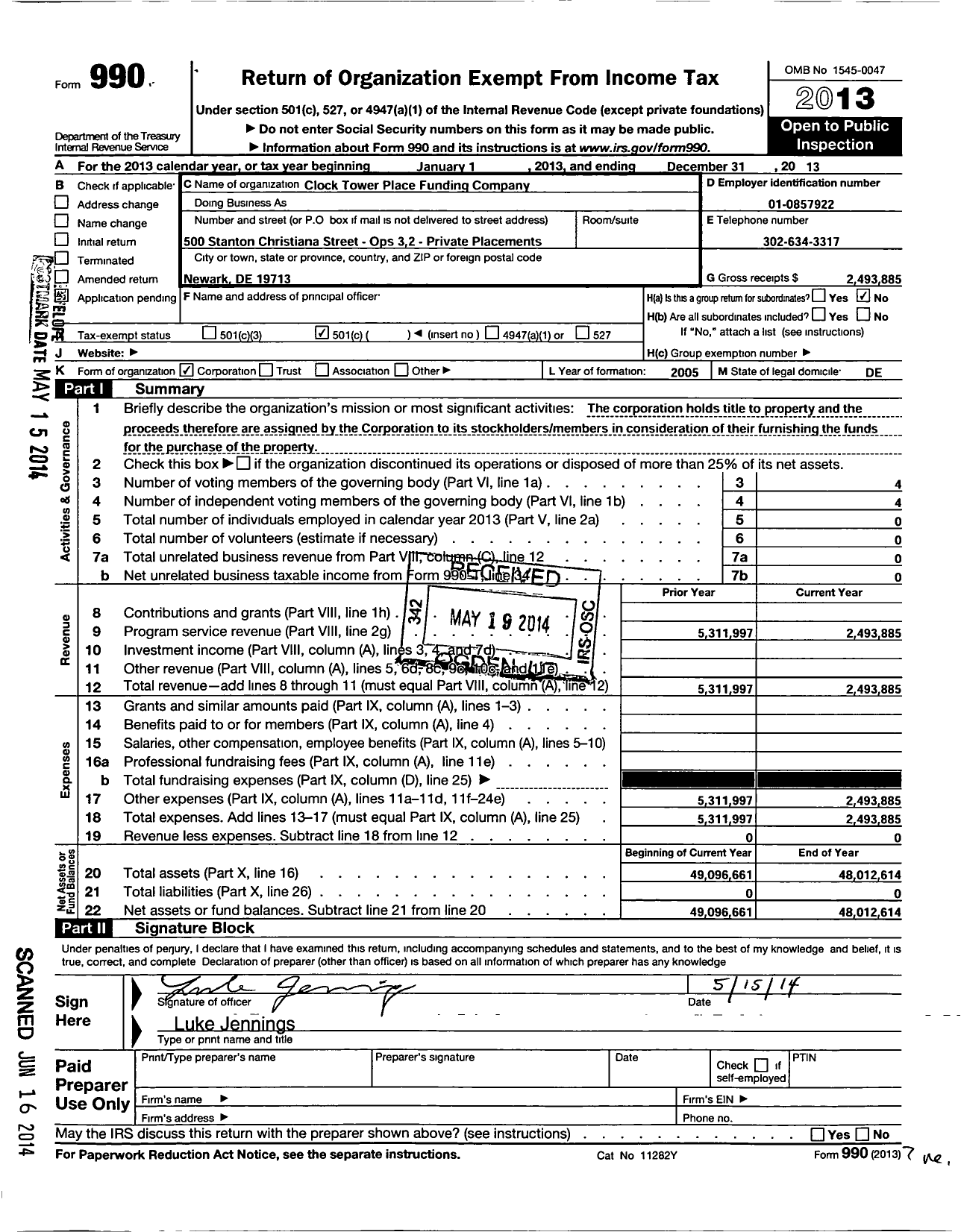 Image of first page of 2013 Form 990O for Clock Tower Place Funding Company