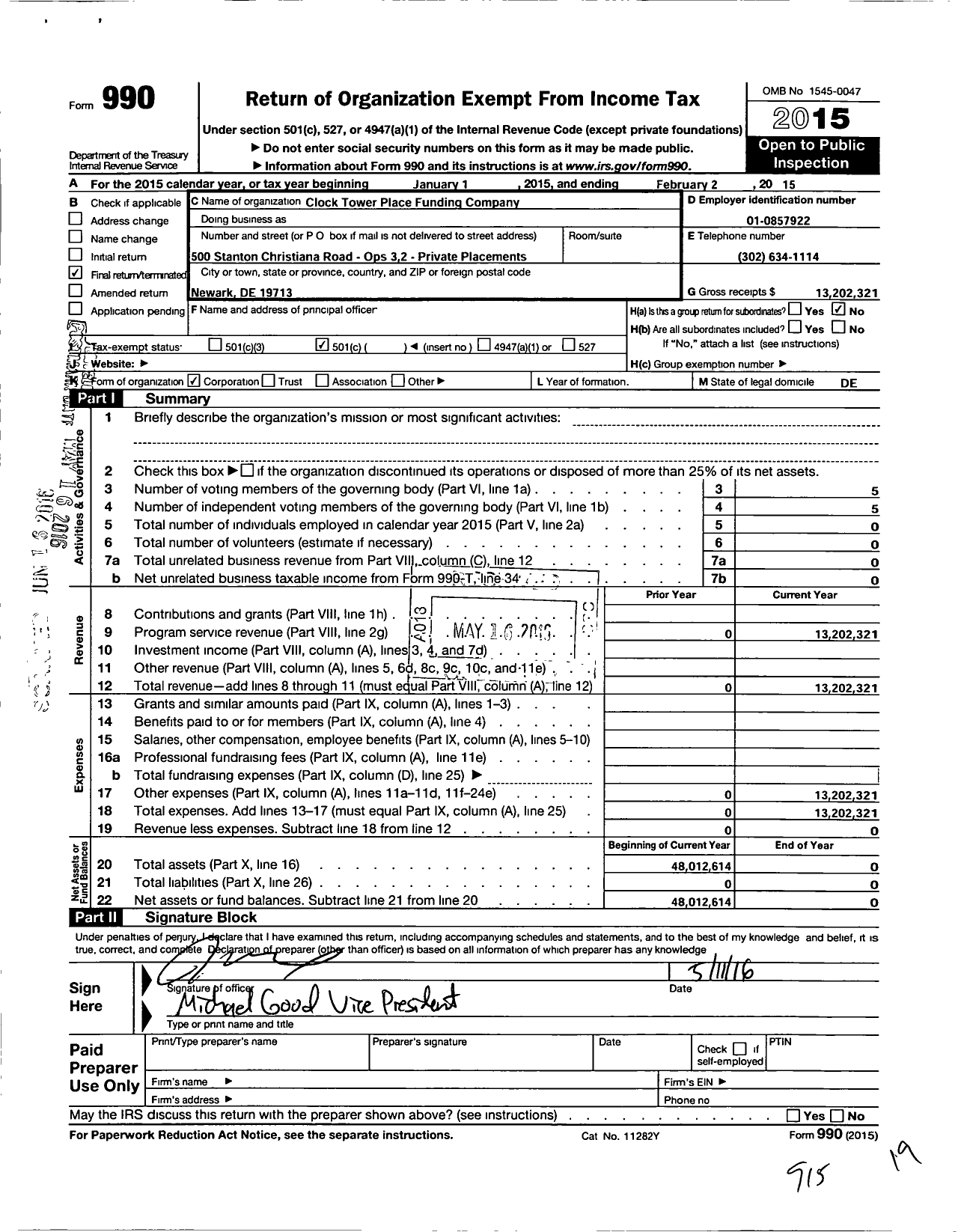 Image of first page of 2014 Form 990O for Clock Tower Place Funding Company