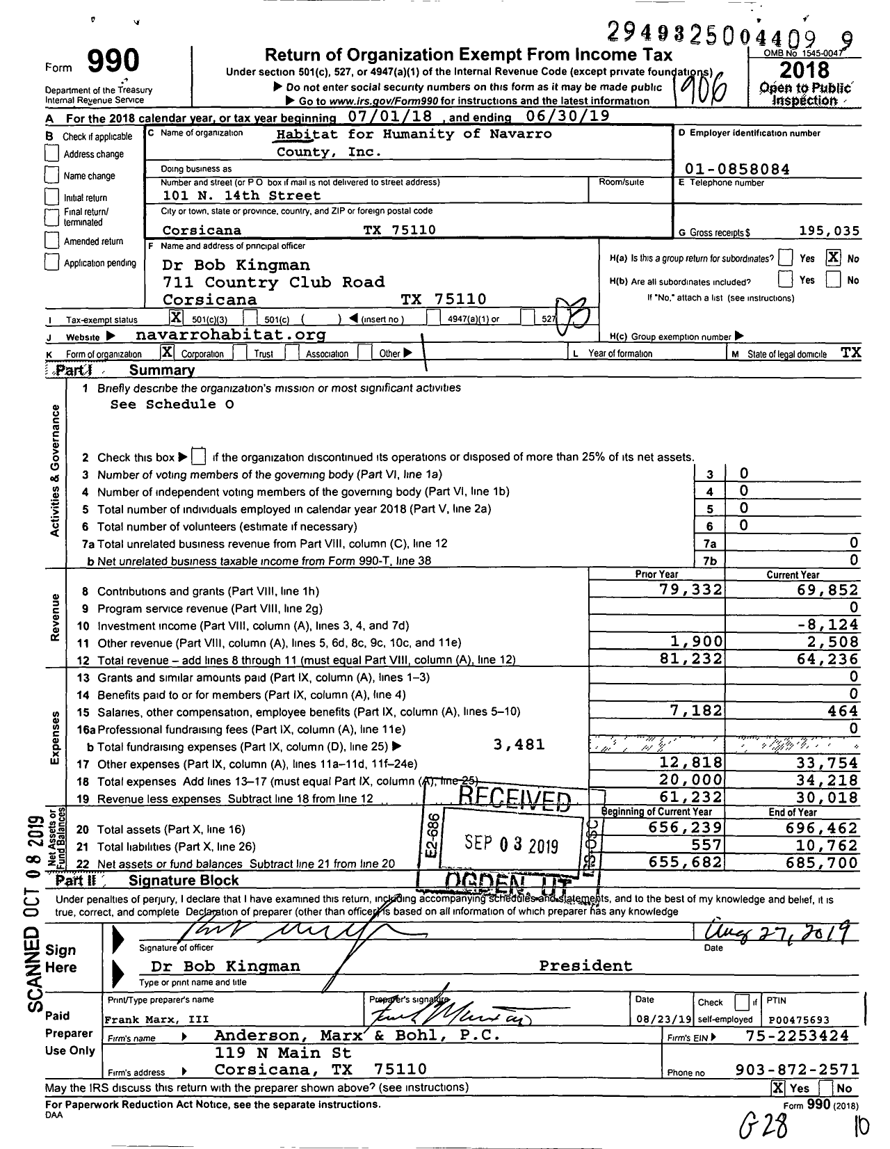 Image of first page of 2018 Form 990 for Habitat for Humanity - Navarro County