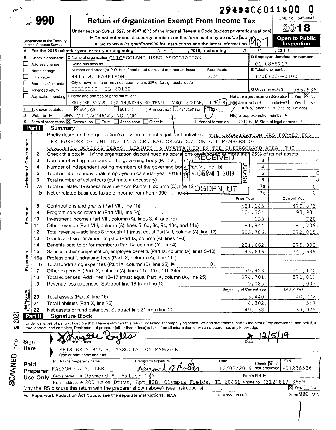 Image of first page of 2018 Form 990 for United States Bowling Congress - 82000 Chicagoland Usbc