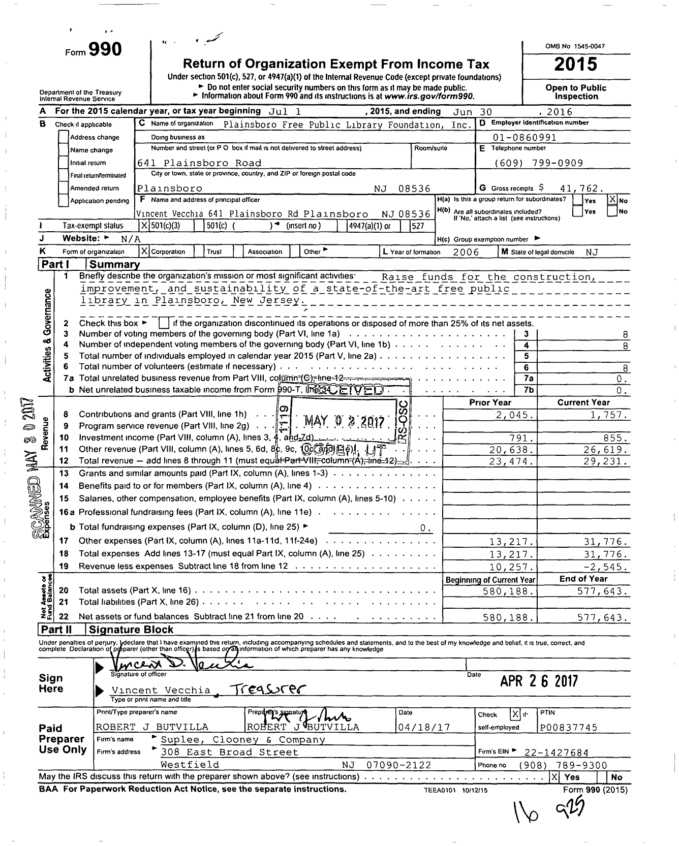 Image of first page of 2015 Form 990 for Plainsboro Free Public Library Foundation