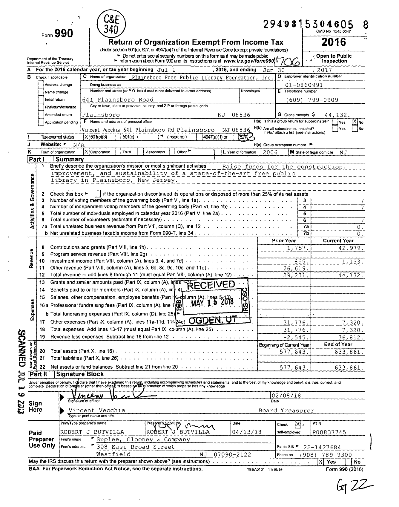 Image of first page of 2016 Form 990 for Plainsboro Free Public Library Foundation
