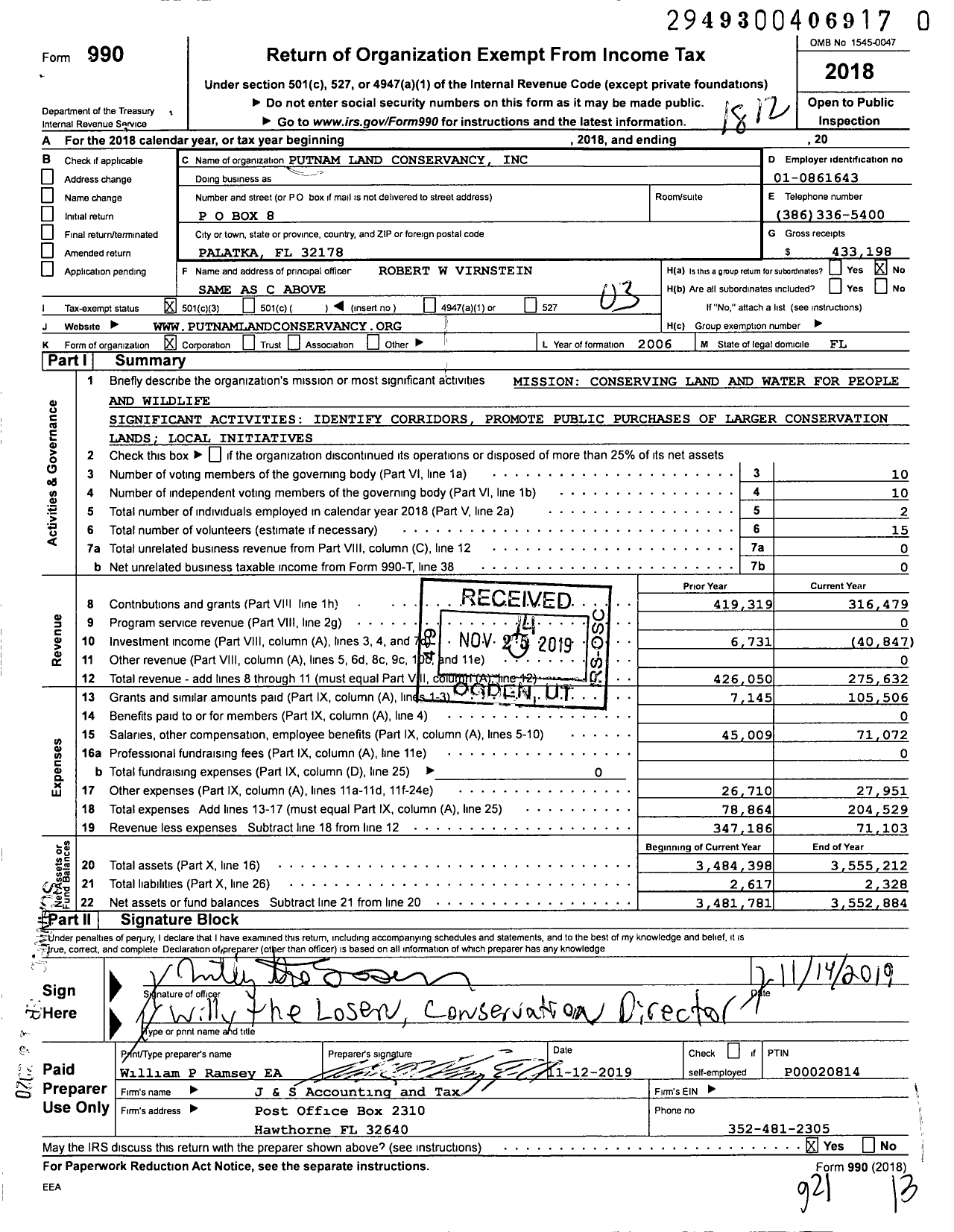 Image of first page of 2018 Form 990 for Putnam Land Conservancy