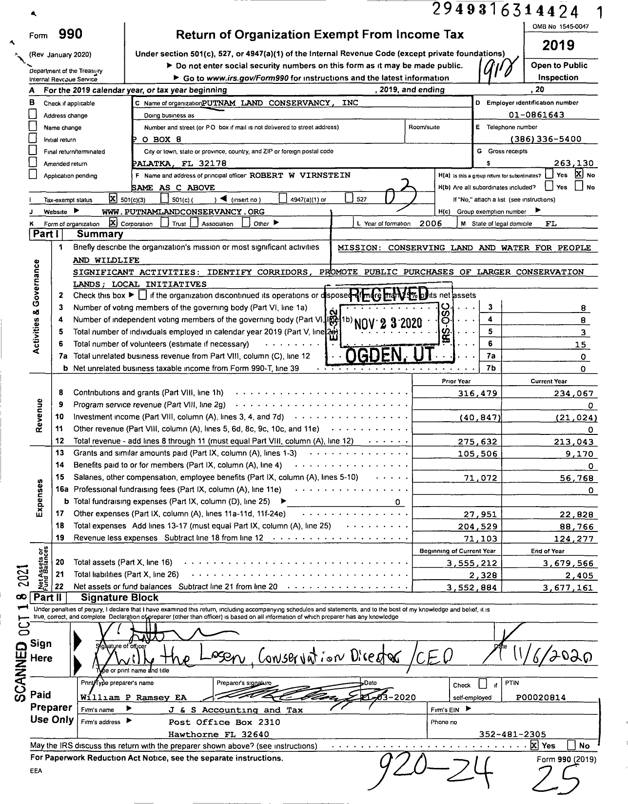 Image of first page of 2019 Form 990 for Putnam Land Conservancy