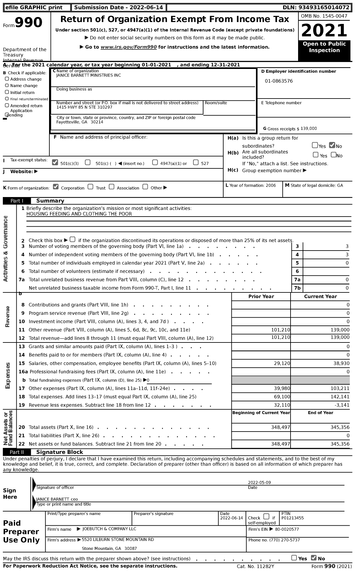 Image of first page of 2021 Form 990 for Janice Barnett Ministries