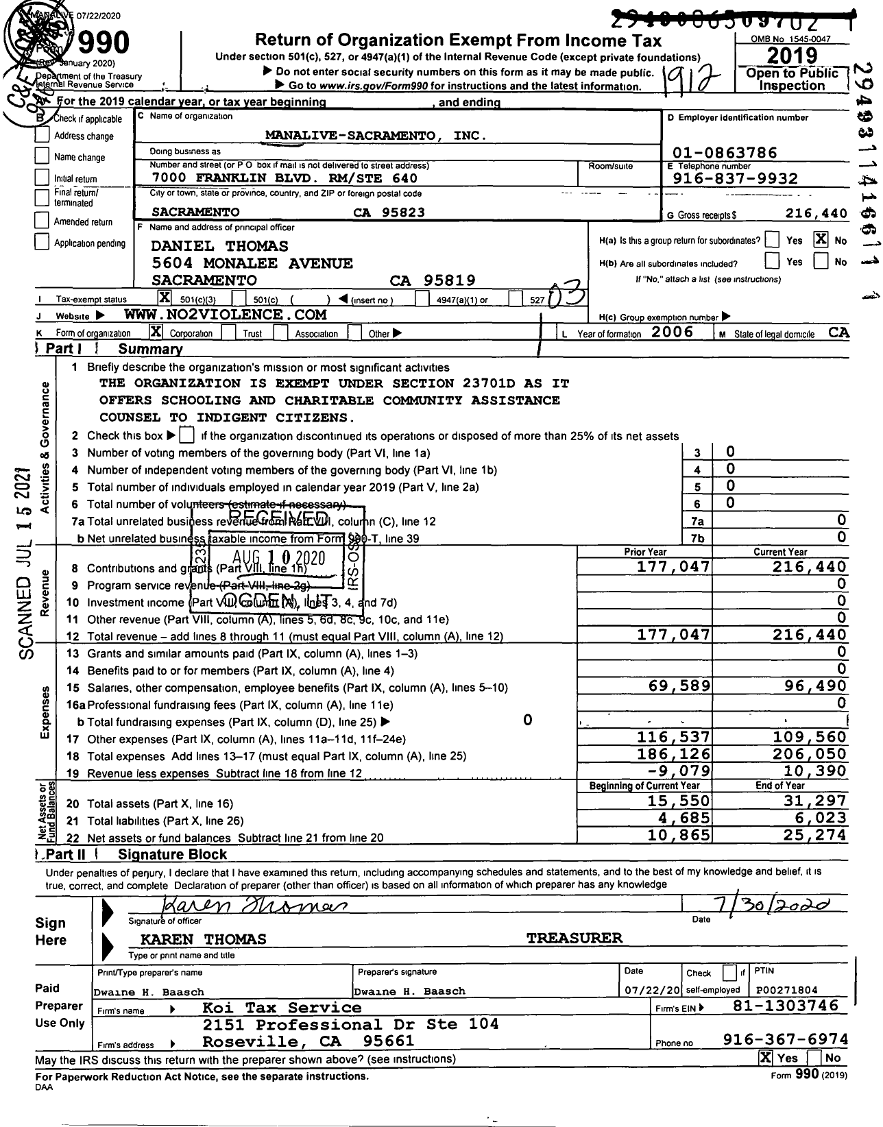 Image of first page of 2019 Form 990 for Manalive-Sacramento