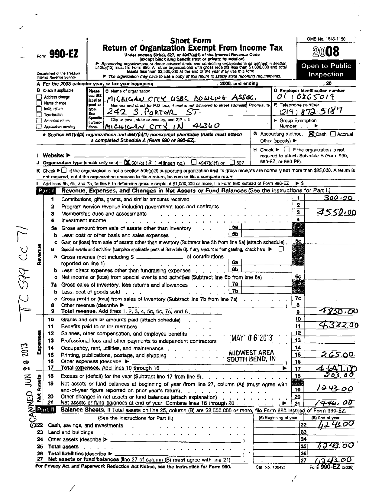 Image of first page of 2008 Form 990EZ for United States Bowling Congress - 81863 Michigan City Usbc Ba