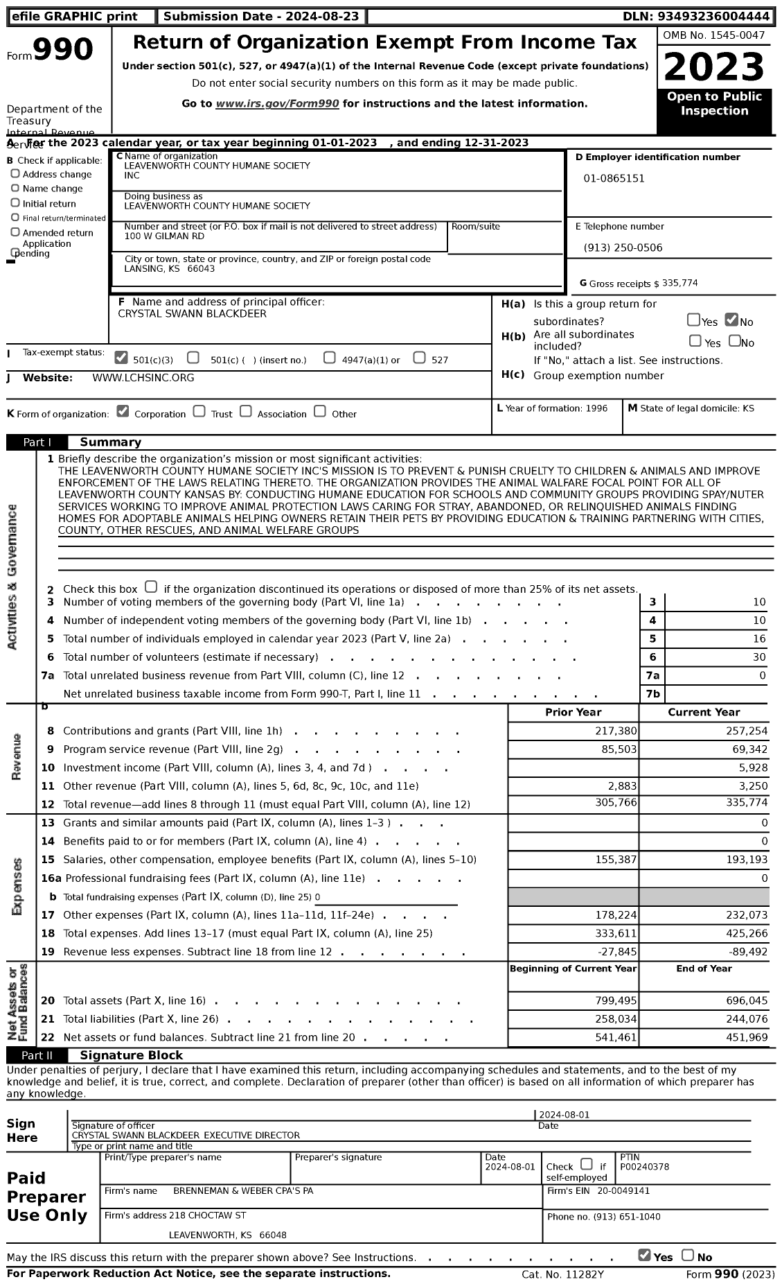 Image of first page of 2023 Form 990 for Leavenworth County Humane Society